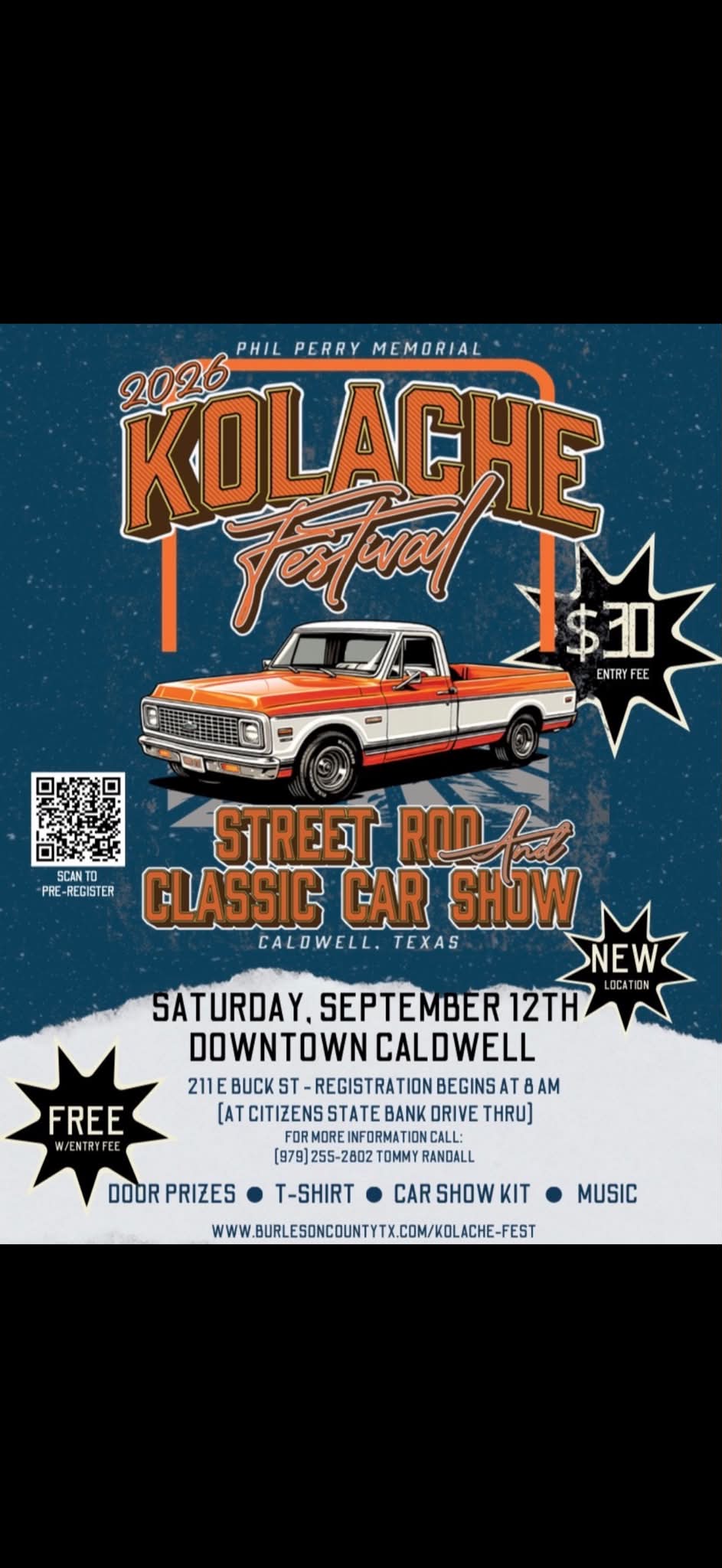 Phil Perry Memorial Kolache Festival Street Rod and Classic Car Show event at Downtown Caldwell in Caldwell, TX on September 12, 2026