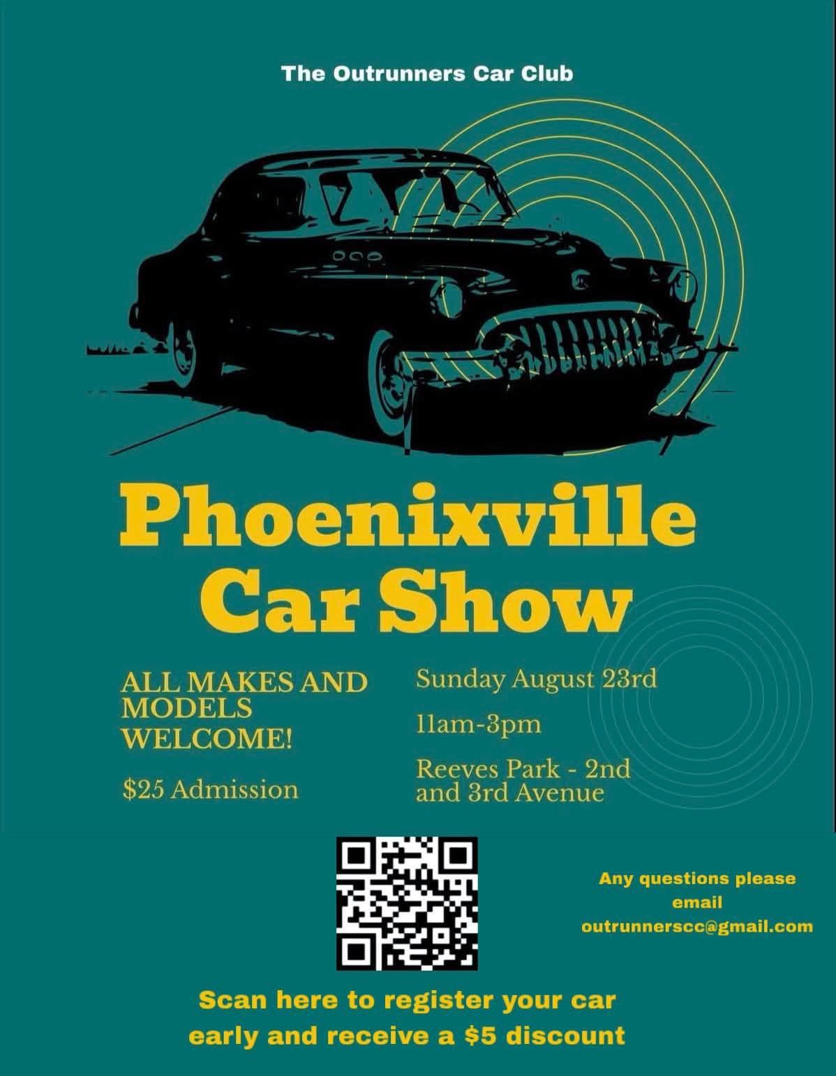 Phoenixville Car Show event at Reeves Park in Phoenixville, PA on August 23, 2026