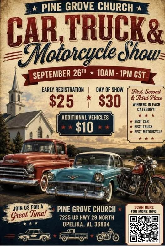 Pine Grove Church Car, Truck & Motorcycle Show event at Pine Grove Church in Opelika, AL on September 26, 2026