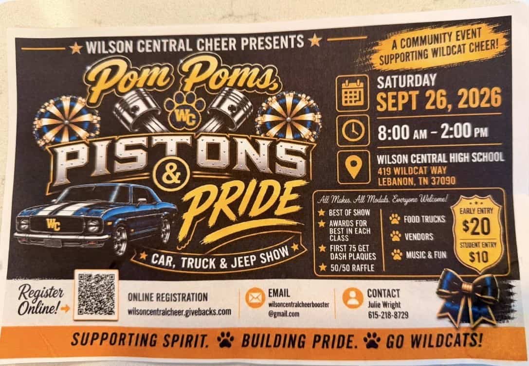 Pistons & Pride Car Show event at Wilson Central High School in Lebanon, TN on September 26, 2026