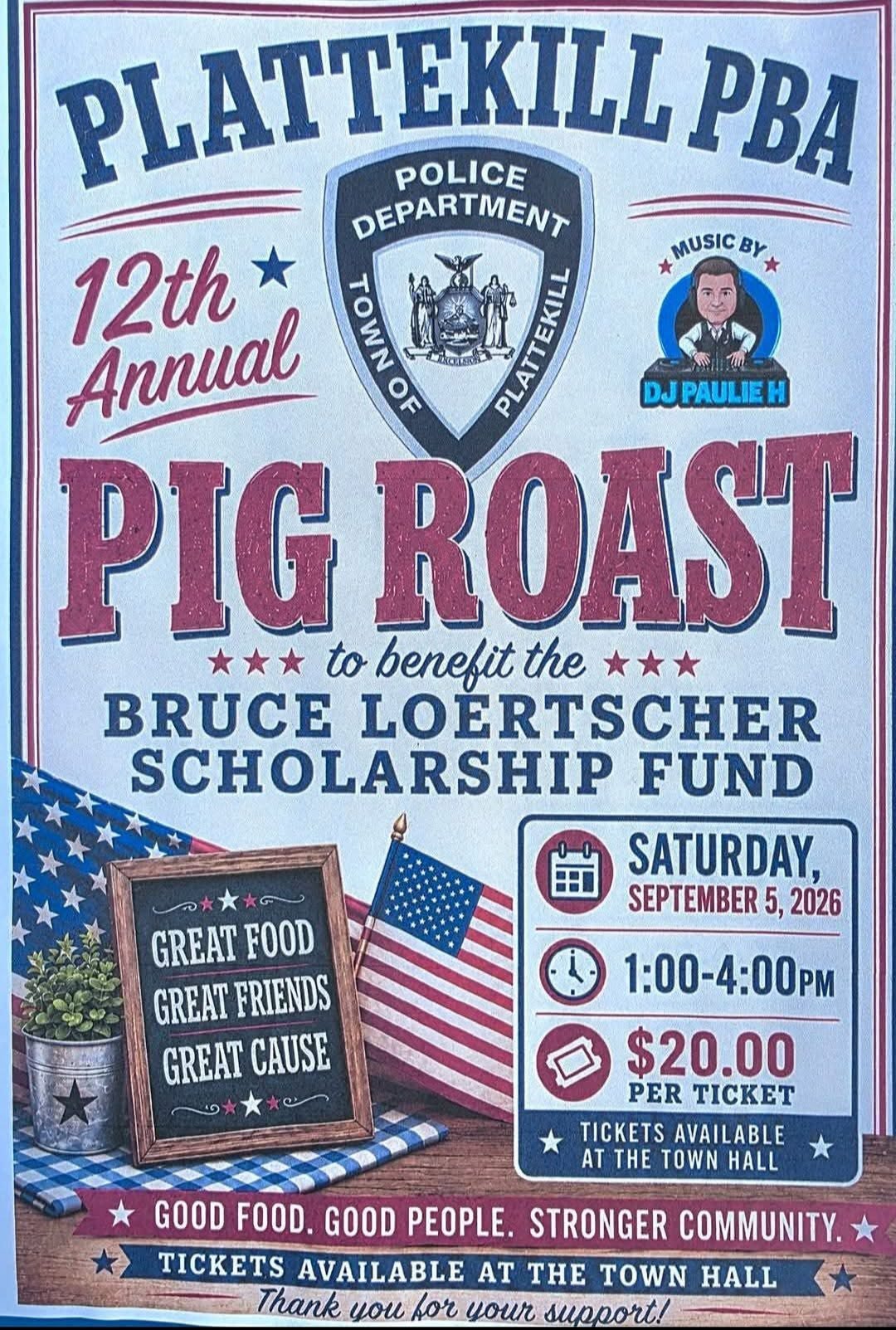 Plattekill PBA 12th Annual Pig Roast event at Thomas Felten Park in Plattekill, NY on September 5, 2026