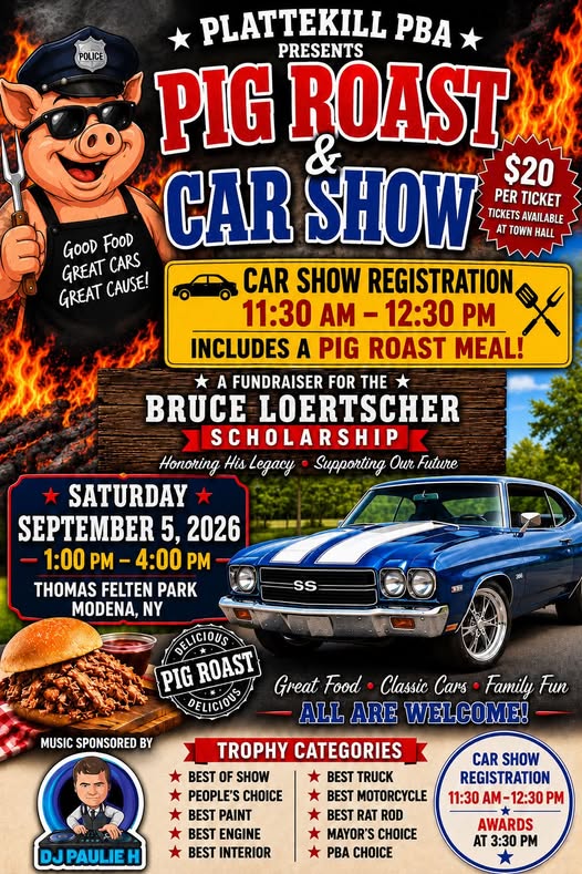 Plattekill PBA Pig Roast & Car Show event at Thomas Felten Park in Modena, NY on September 5, 2026