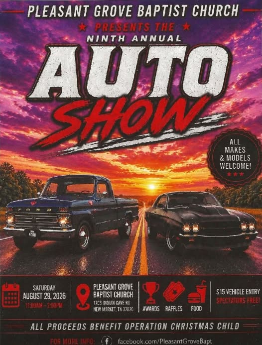 Pleasant Grove Baptist Church Ninth Annual Auto Show event at Pleasant Grove Baptist Church in New Market, TN on August 29, 2026