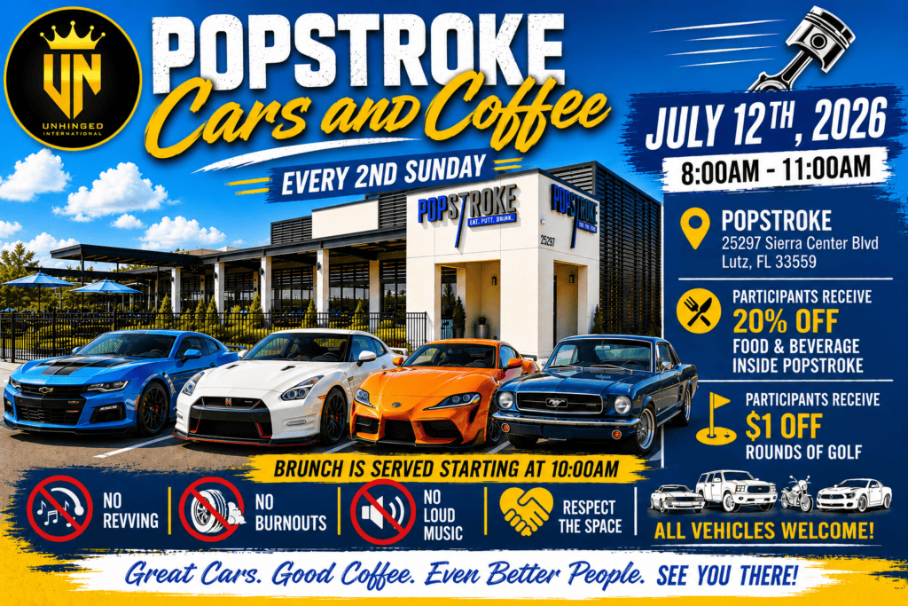 Popstroke Cars and Coffee event at Popstroke in Lutz, FL on August 9, 2026