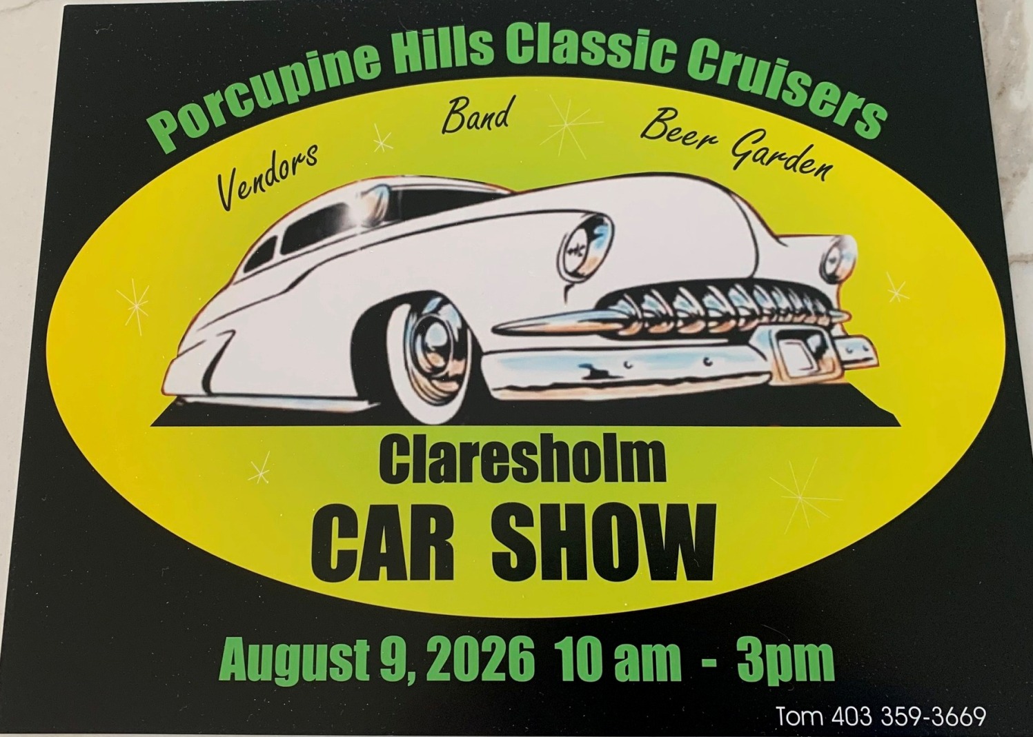 Porcupine Hills Classic Cruisers Car Show event at Centennial Park in Claresholm, AB on August 9, 2026