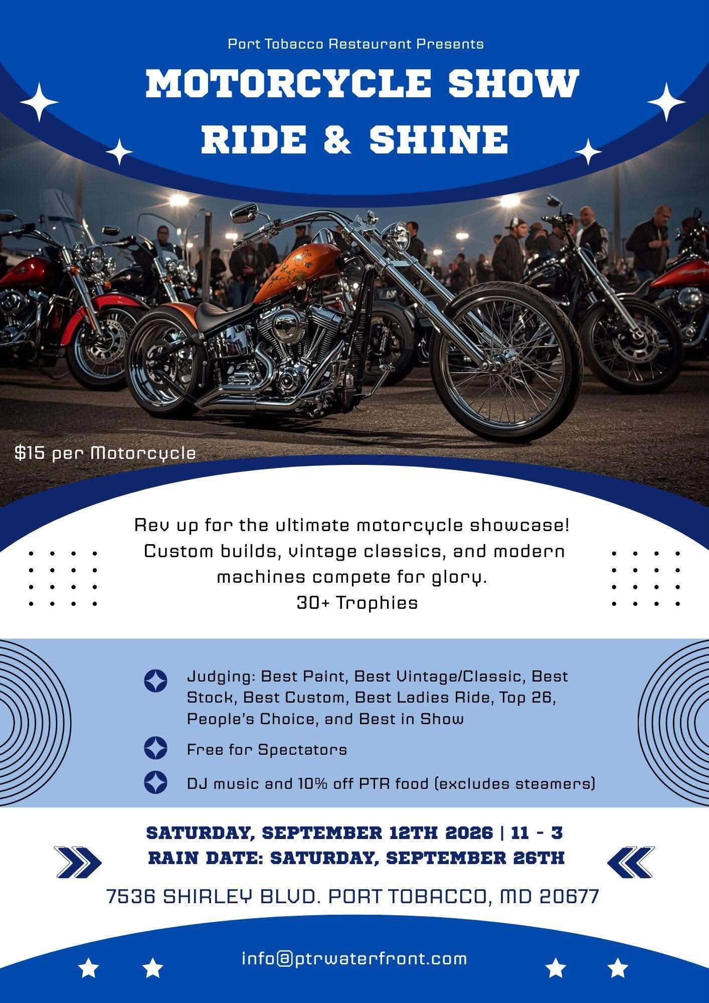 Port Tobacco Restaurant Ride & Shine Motorcycle Show event at Port Tobacco Restaurant in Port Tobacco, MD on September 12, 2026