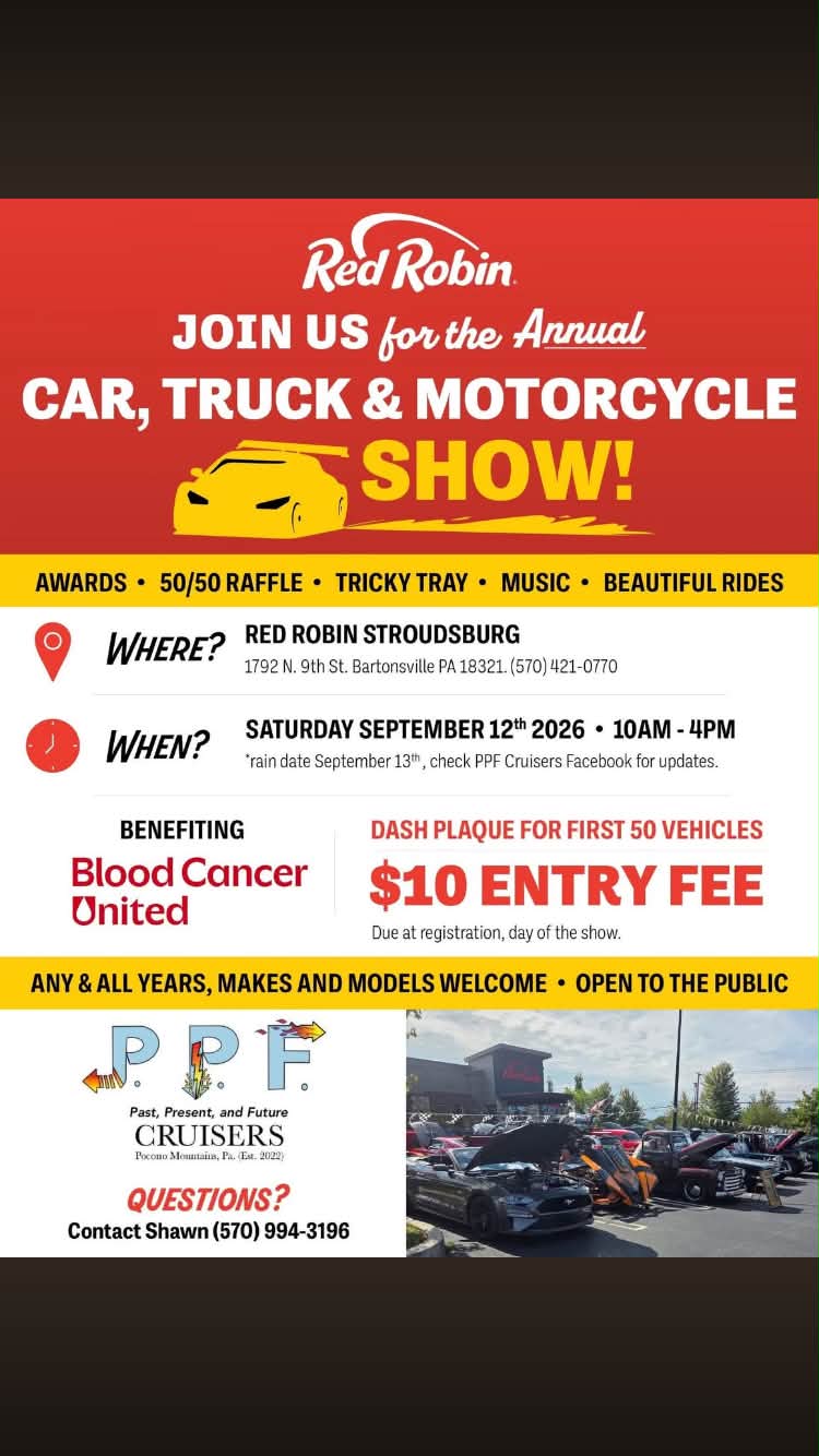 PPF Cruisers Annual Car, Truck & Motorcycle Show event at Red Robin Stroudsburg in Bartonsville, PA on September 12, 2026