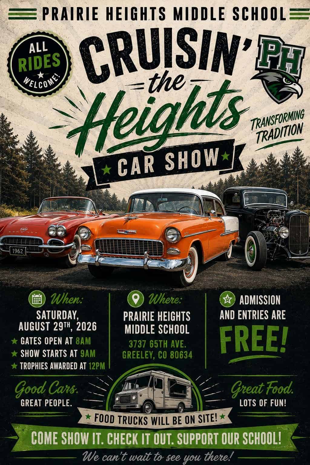 Prairie Heights Middle School Cruisin' the Heights Car Show event at Prairie Heights Middle School in Greeley, CO on August 29, 2026