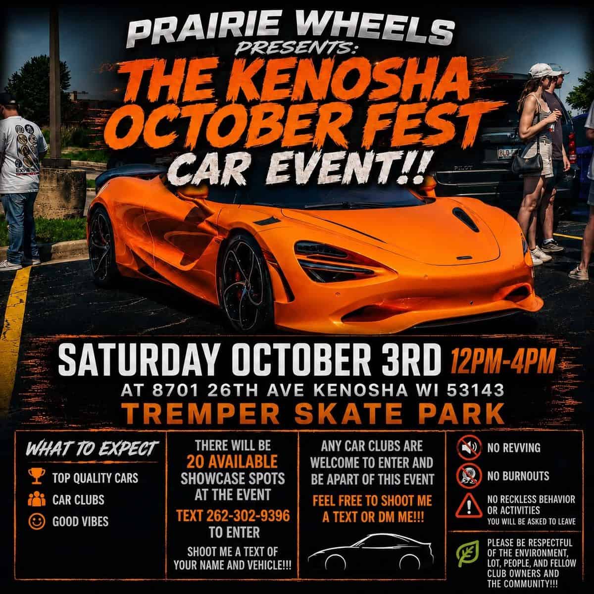 Prairie Wheels Kenosha Octoberfest Car Event event at Tremper Skate Park in Kenosha, WI on October 3, 2026