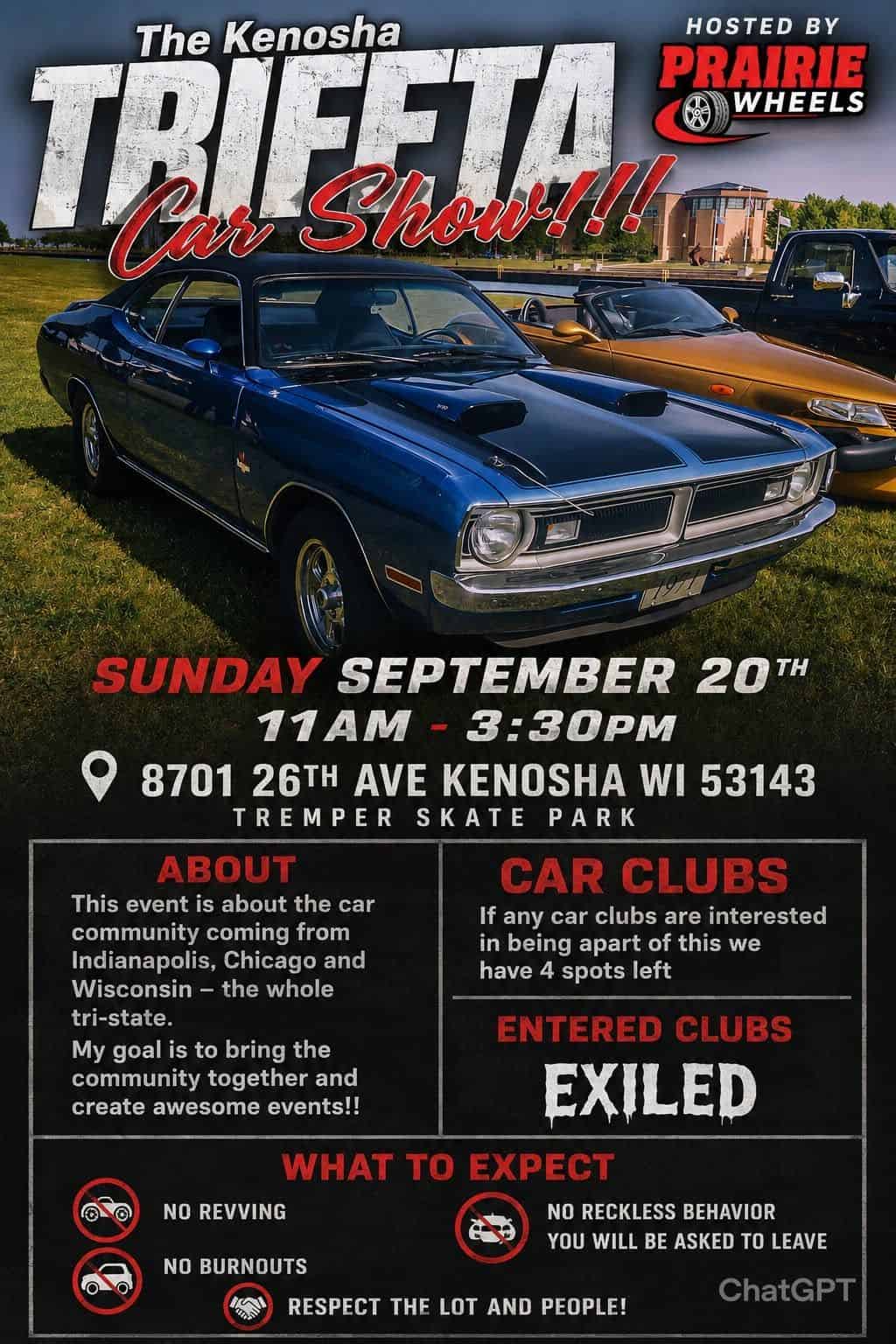 Prairie Wheels the Kenosha Trifecta Car Show event at Tremper Skate Park in Kenosha, WI on September 20, 2026