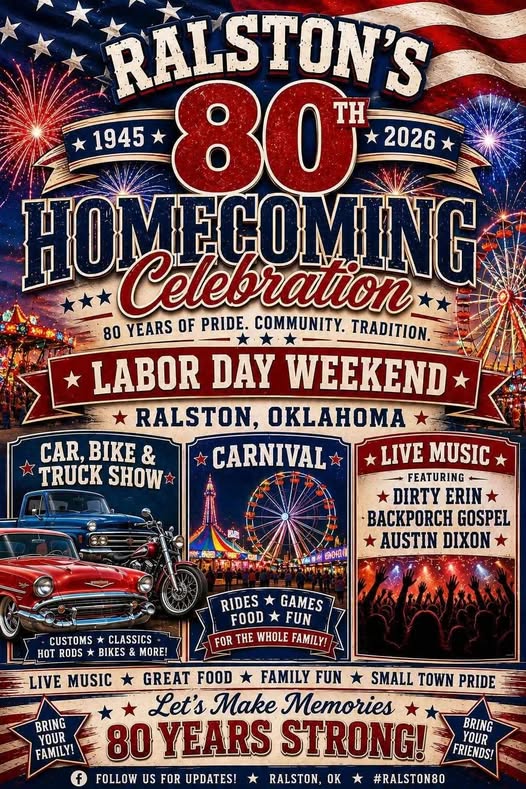 Ralston's 80th Homecoming Celebration Car Show event at Downtown Ralston in Ralston, OK on September 5, 2026