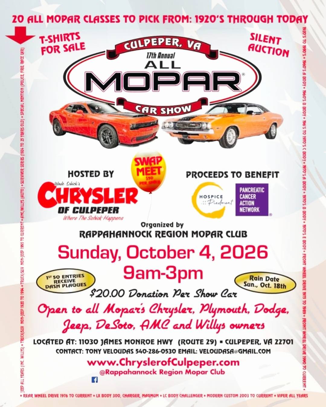 Rappahannock Region Mopar Club 17th Annual All Mopar Car Show event at Chrysler of Culpeper in Culpeper, VA on October 4, 2026