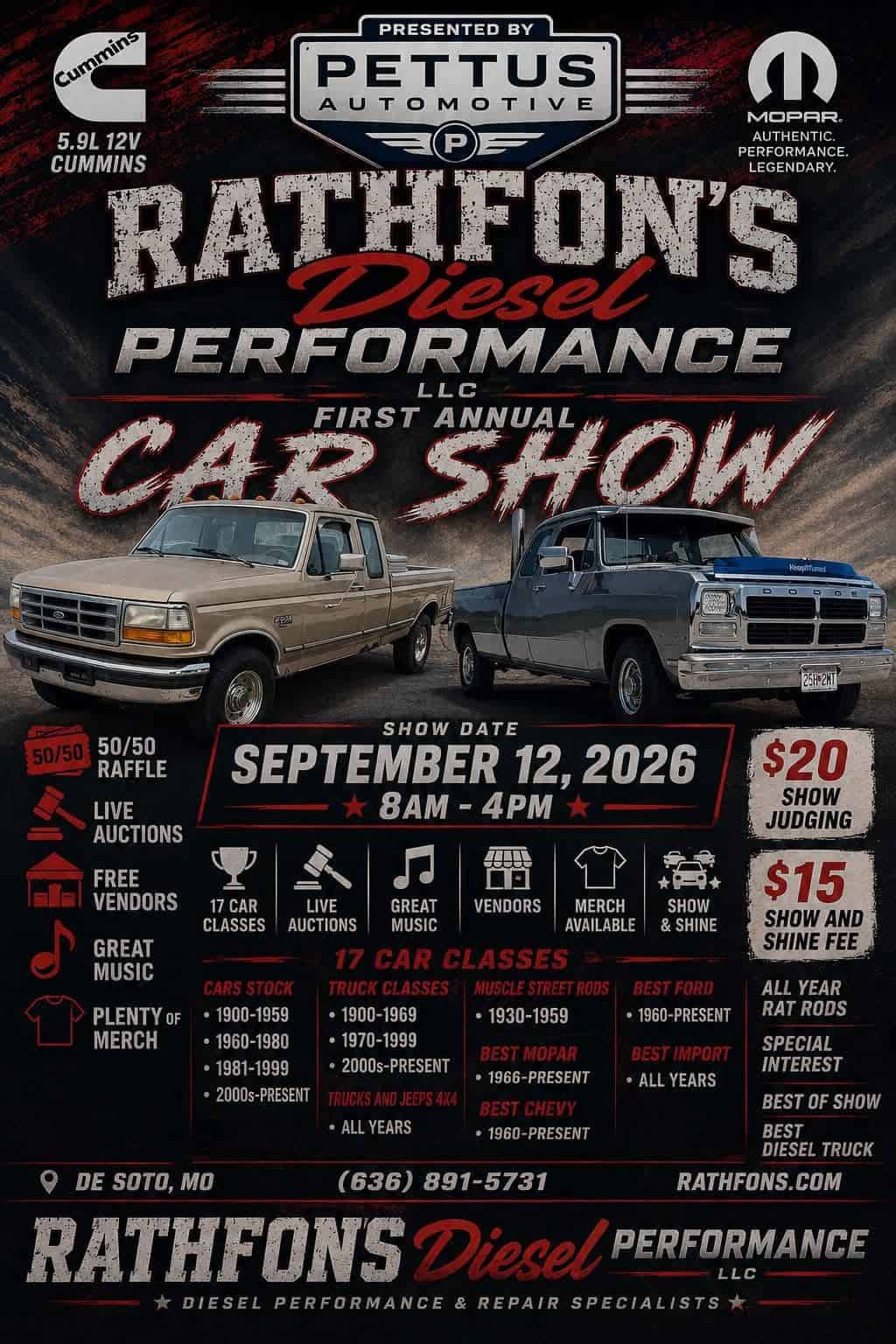 Rathfon's Diesel Performance First Annual Car Show event at AMVETS Post 48 in De Soto, MO on September 12, 2026