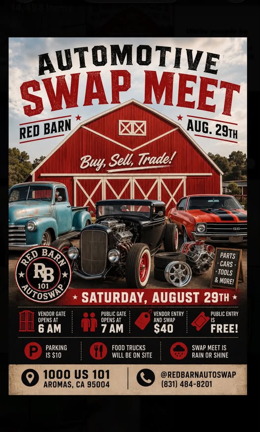 Red Barn Automotive Swap Meet event at Red Barn in Aromas, CA on August 29, 2026