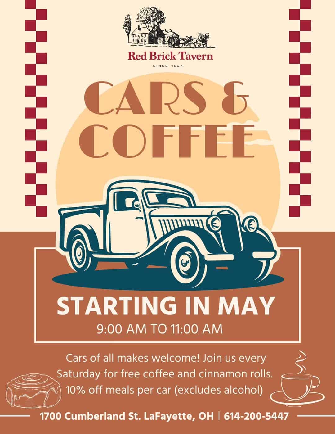 Red Brick Tavern Cars & Coffee event at Red Brick Tavern in LaFayette, OH on August 22, 2026