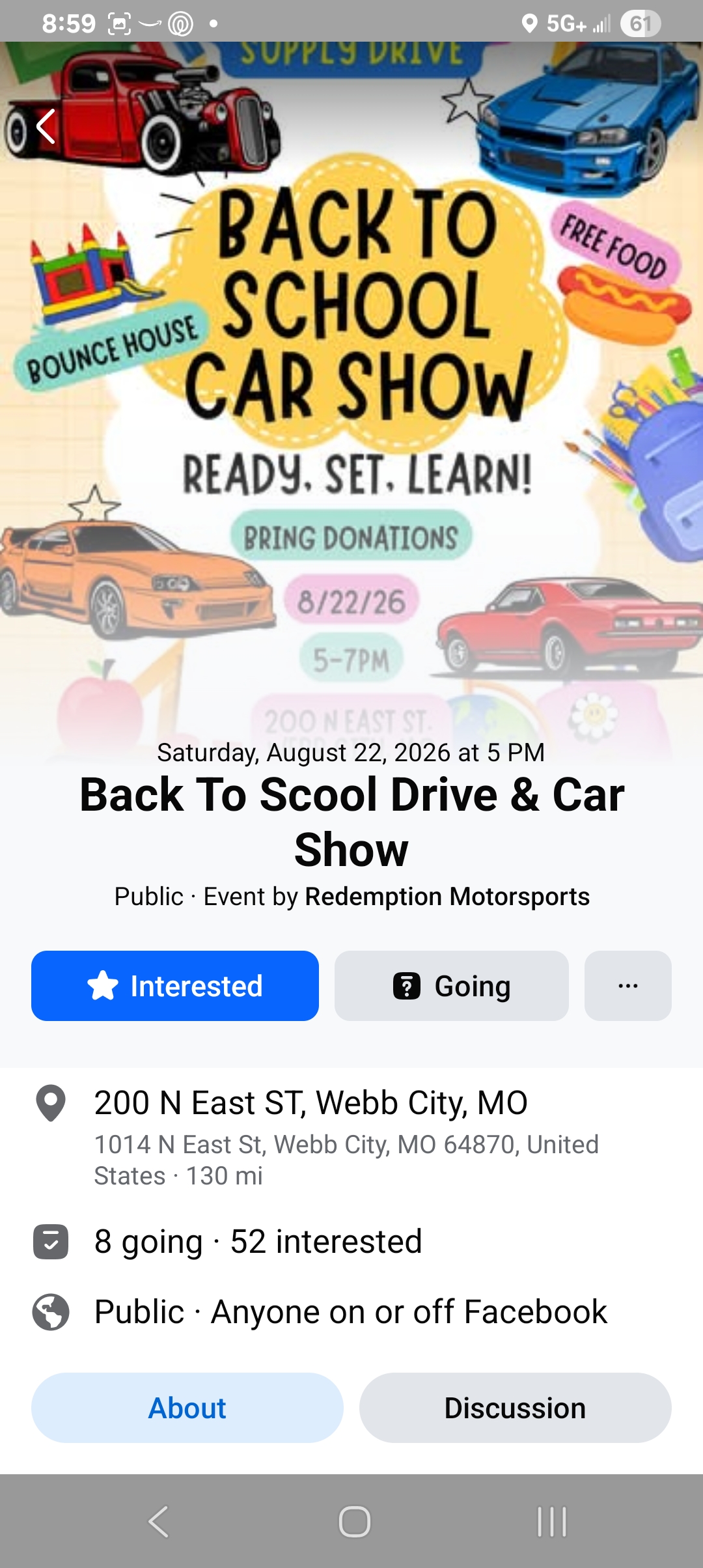 Redemption Motorsports Back to School Car Show event at 200 N East St in Webb City, MO on August 22, 2026
