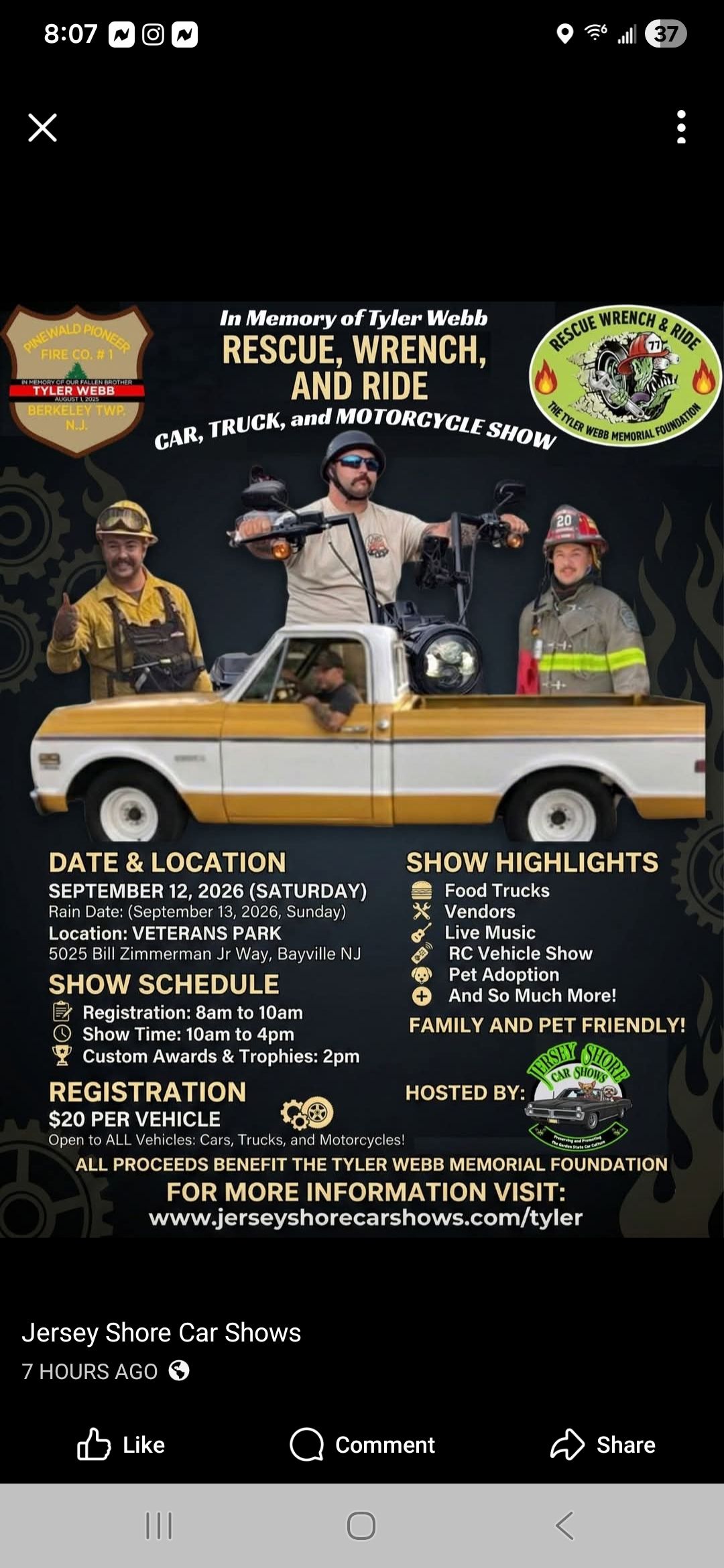 Rescue, Wrench, and Ride Car, Truck, and Motorcycle Show in Memory of Tyler Webb event at Veterans Park in Bayville, NJ on September 12, 2026