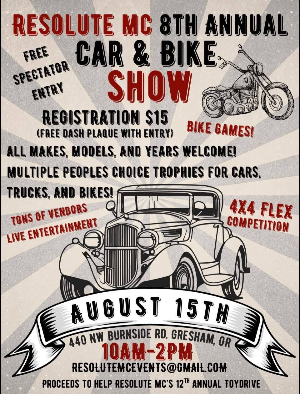 Resolute MC 8th Annual Car & Bike Show event at 440 NW Burnside Road in Gresham, OR on August 15, 2026