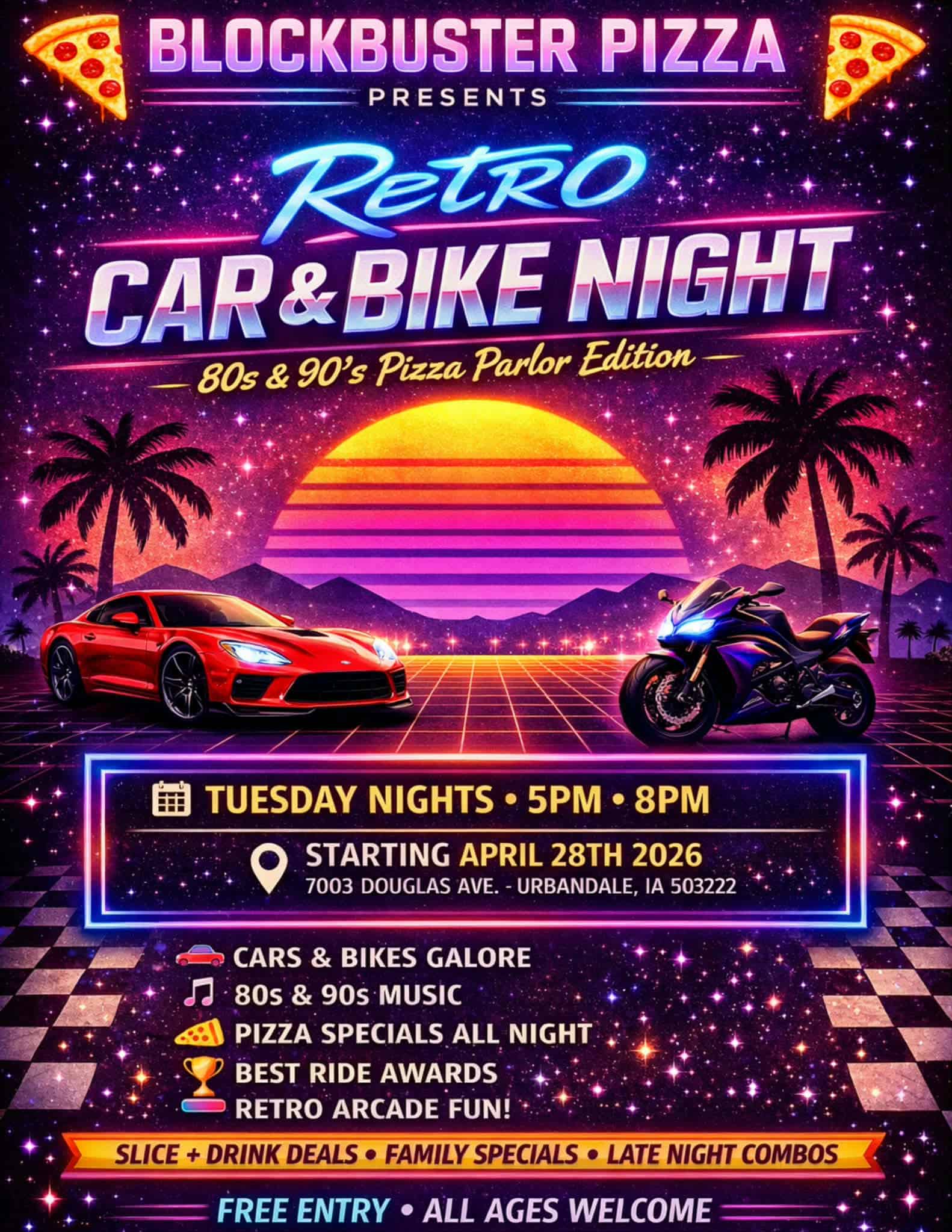 Retro Car & Bike Night 80s & 90's Pizza Parlor Edition event at Blockbuster Pizza in Urbandale, IA on September 1, 2026