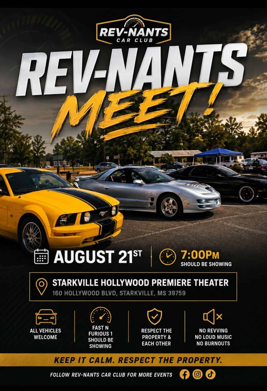 Rev-Nants Car Club Meet event at Starkville Hollywood Premiere Theater in Starkville, MS on August 21, 2026