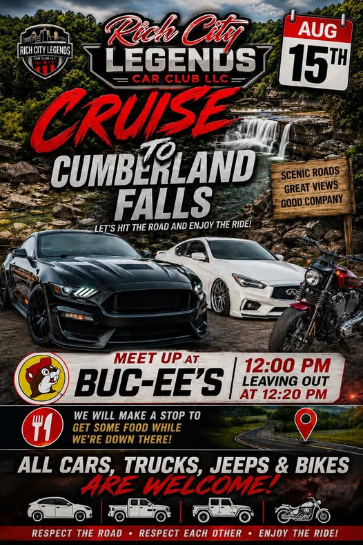 Rich City Legends Car Club Cruise to Cumberland Falls event at Buc-ee's in Richmond, KY on August 15, 2026