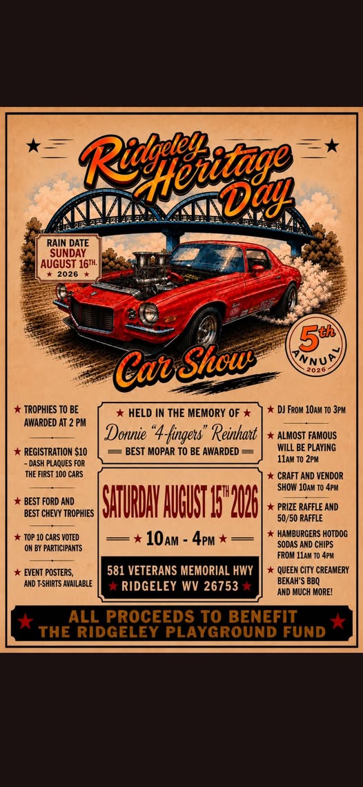Ridgely Heritage Day Car Show event at 581 Veterans Memorial Highway in Ridgeley, WV on August 15, 2026