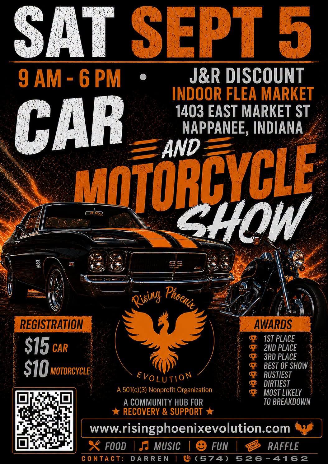 Rising Phoenix Evolution Car and Motorcycle Show event at J&R Discount Indoor Flea Market in Nappanee, IN on September 5, 2026