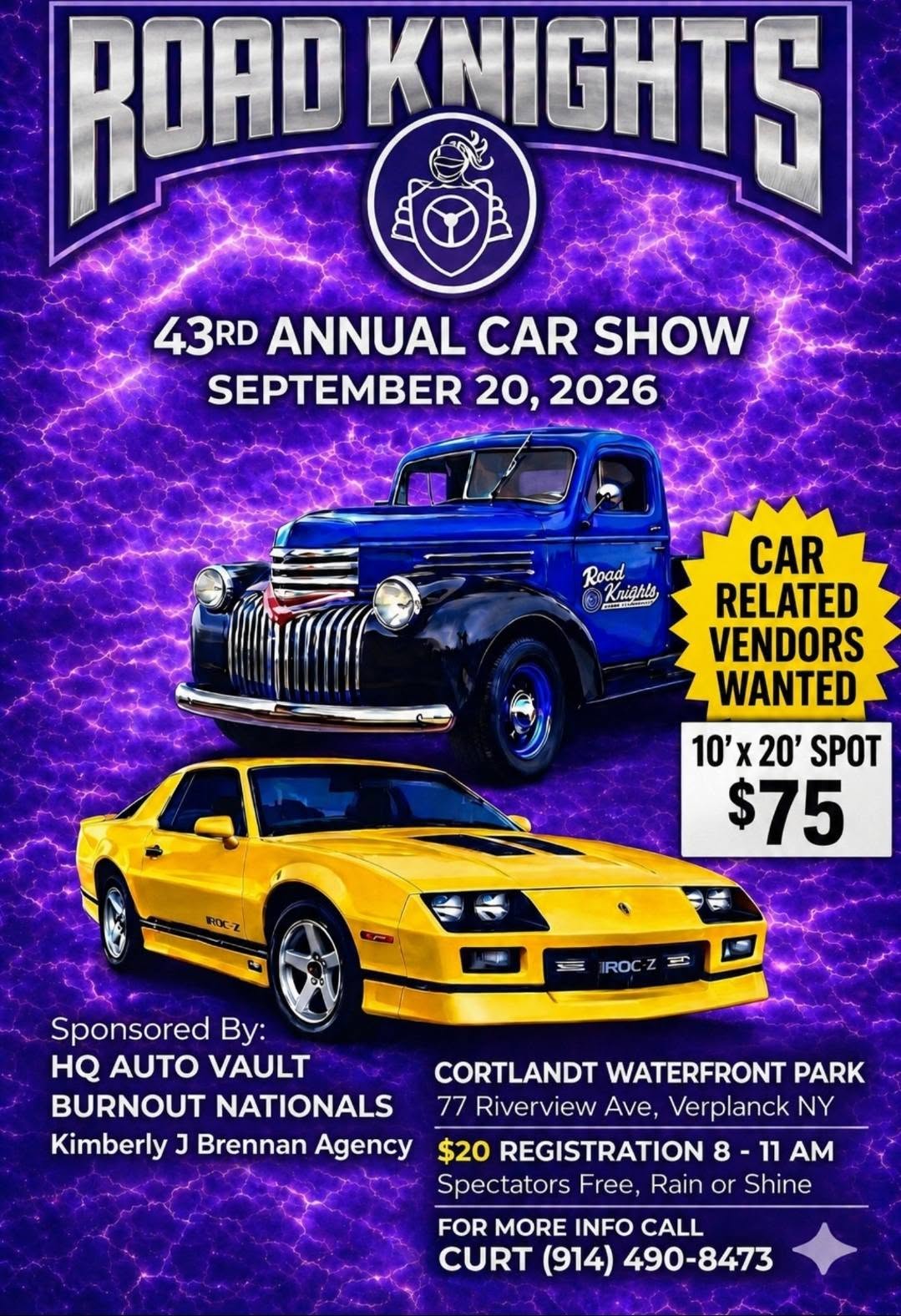 Road Knights 43rd Annual Car Show event at Cortlandt Waterfront Park in Verplanck, NY on September 20, 2026