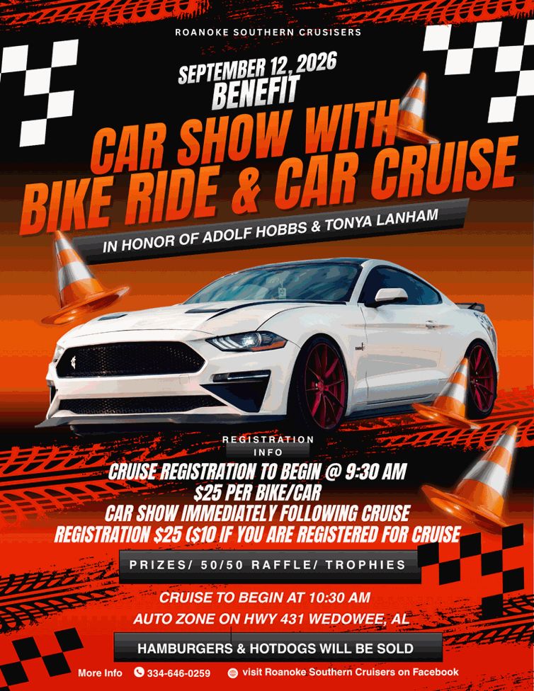 Roanoke Southern Cruisers Benefit Car Show with Bike Ride & Car Cruise event at AutoZone in Wedowee, AL on September 12, 2026