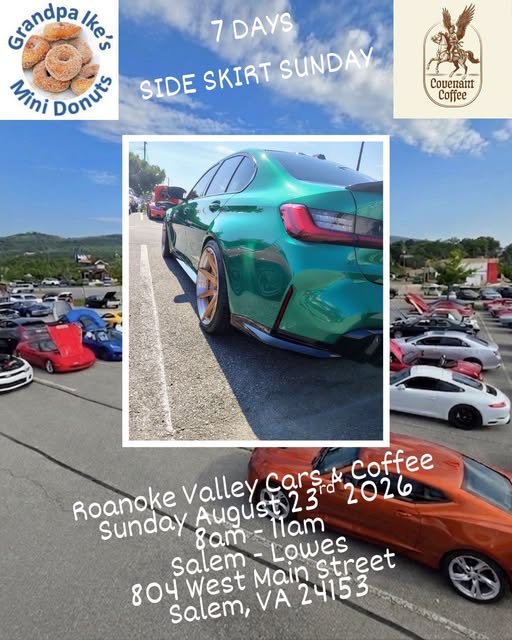 Roanoke Valley Cars & Coffee Side Skirt Sunday event at Lowe's in Salem, VA on August 23, 2026