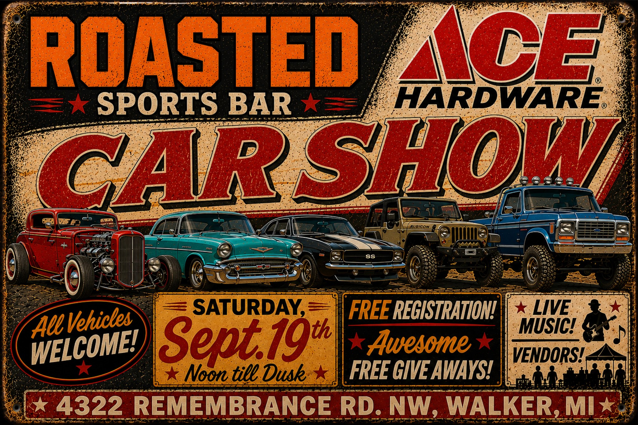 Roasted Ace Sports Bar Hardware Car Show event at Roasted Ace Sports Bar Hardware in Walker, MI on September 19, 2026