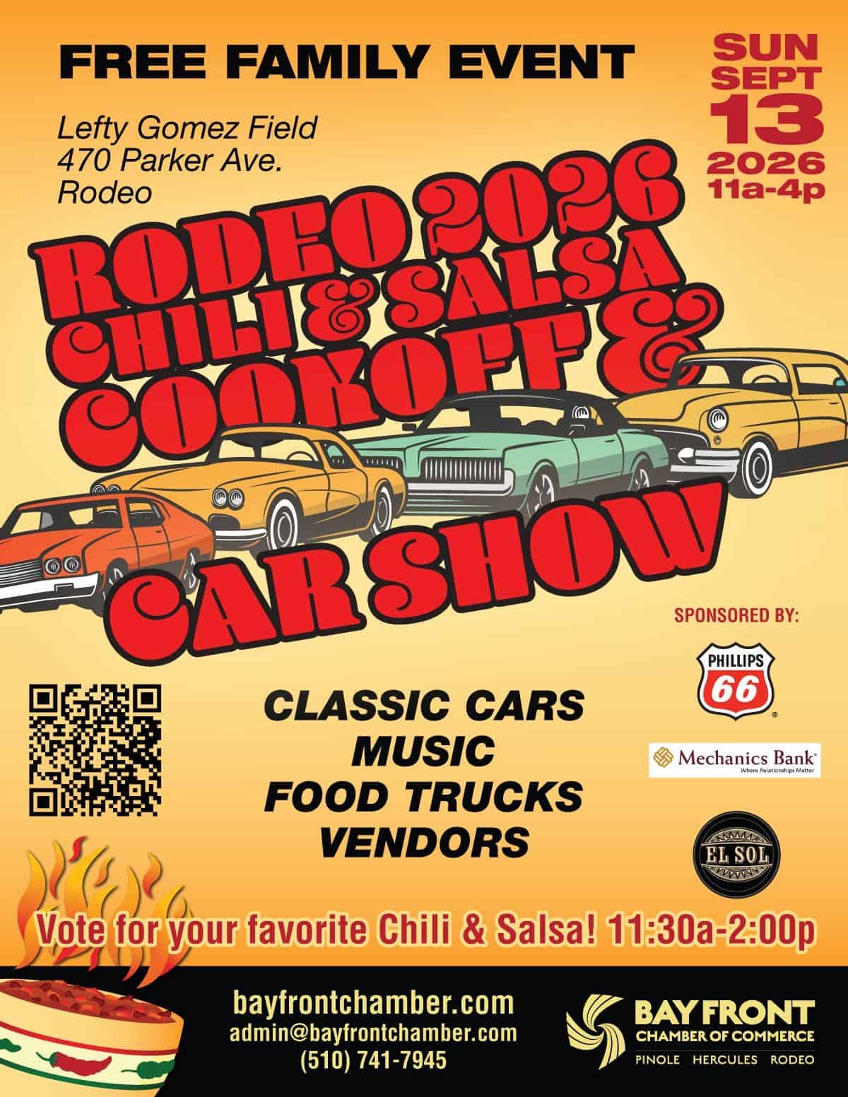 Rodeo 2026 Chili & Salsa Cookoff & Car Show event at Lefty Gomez Field in Rodeo, CA on September 13, 2026