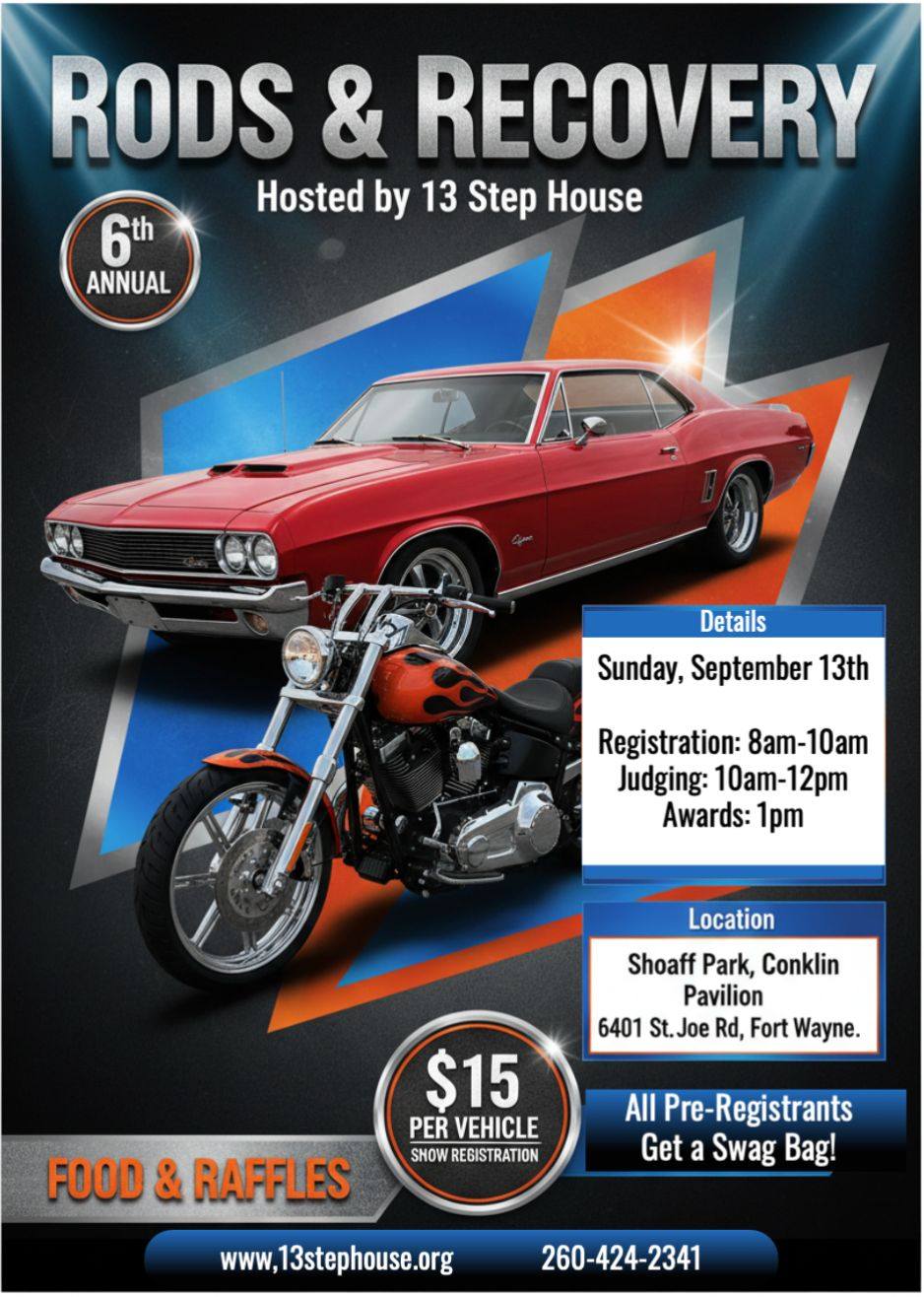 Rods & Recovery event at Shoaff Park, Conklin Pavilion in Fort Wayne, IN on September 13, 2026