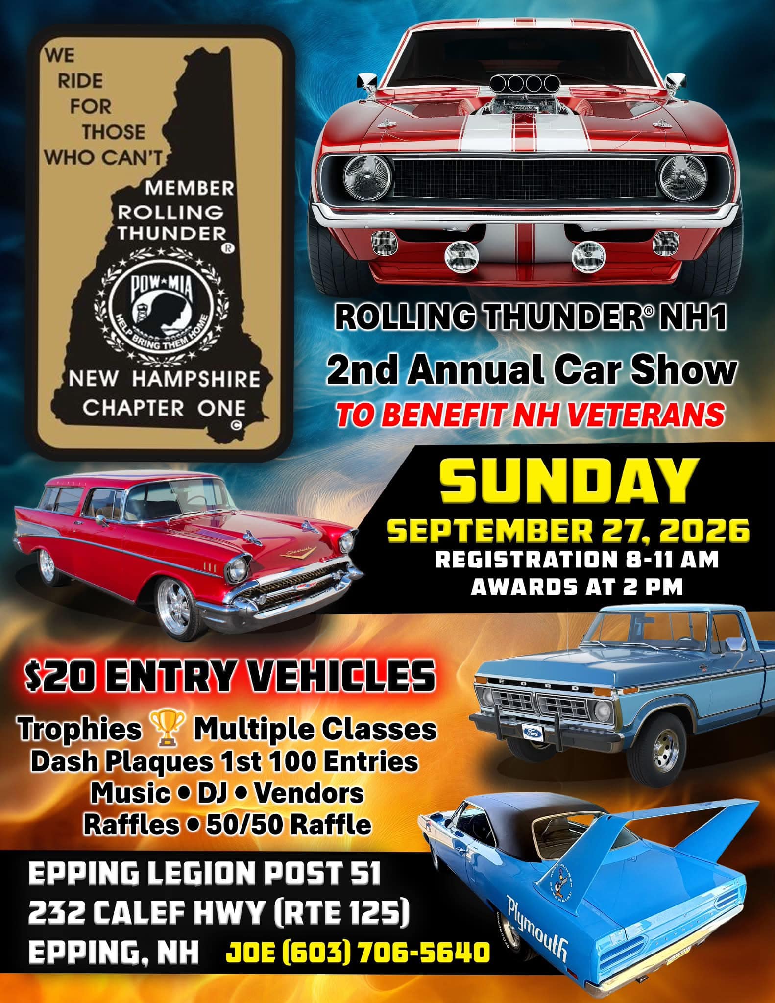Rolling Thunder NH1 2nd Annual Car Show event at Epping Legion Post 51 in Epping, NH on September 27, 2026