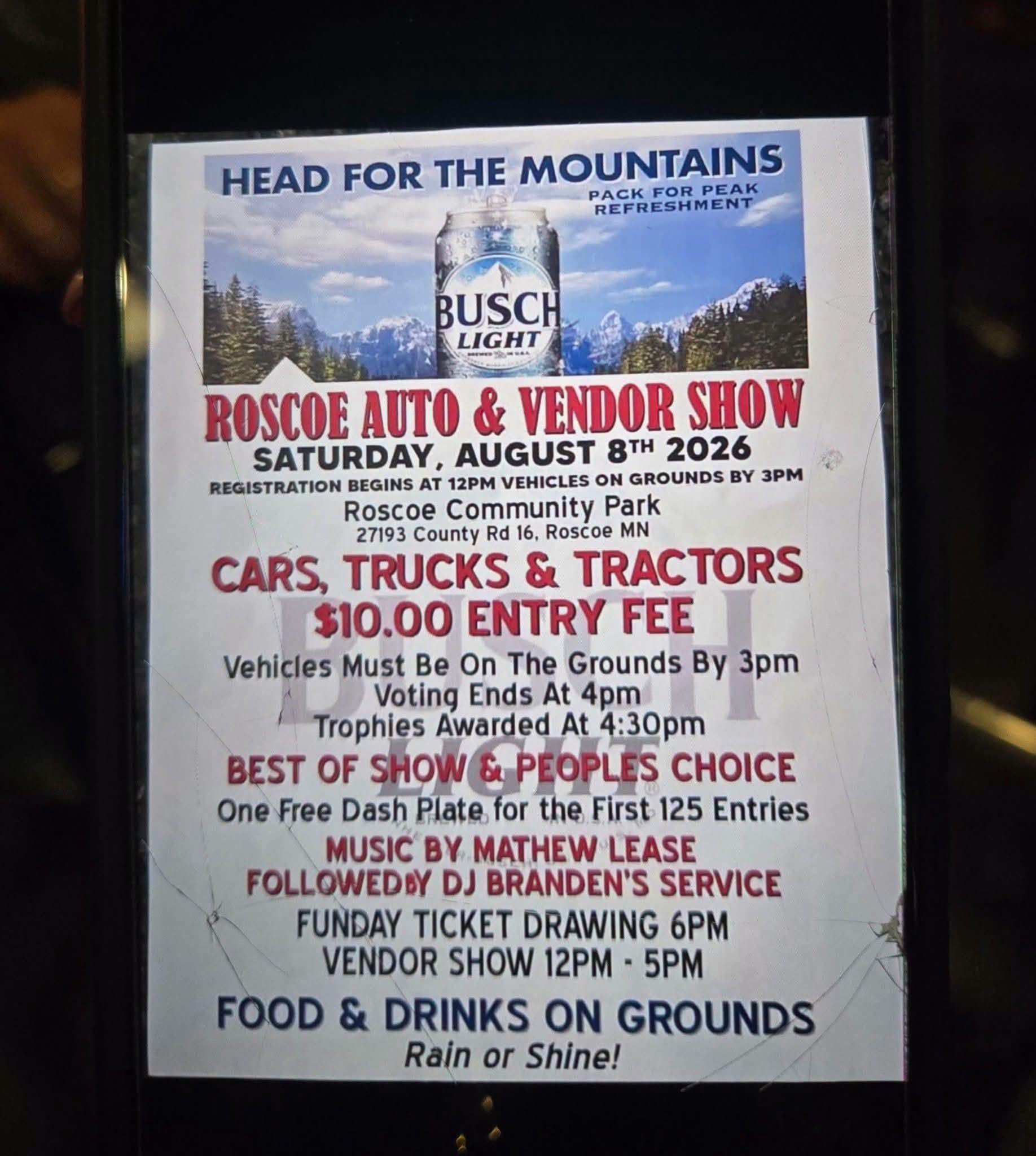 Roscoe Auto & Vendor Show event at Roscoe Community Park in Roscoe, MN on August 8, 2026