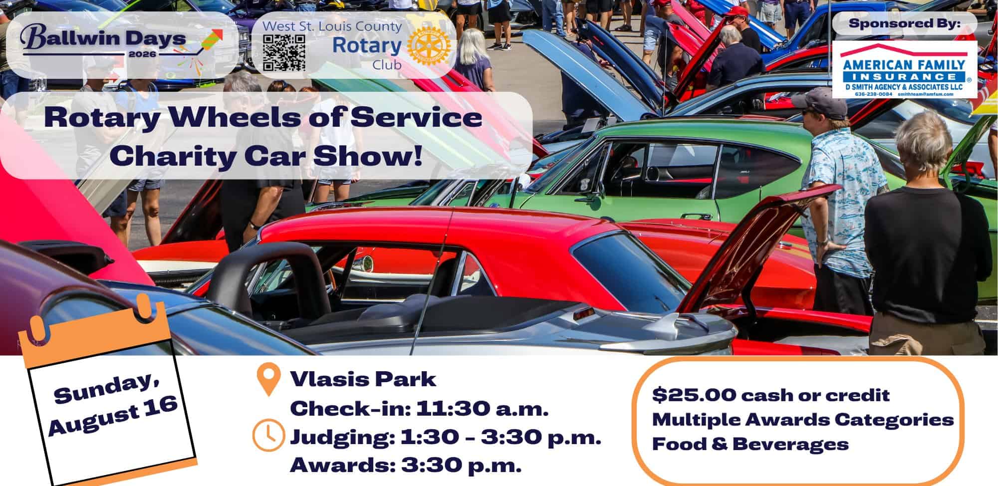 Rotary Wheels of Service Charity Car Show event at Vlasis Park in Ballwin, MO on August 16, 2026
