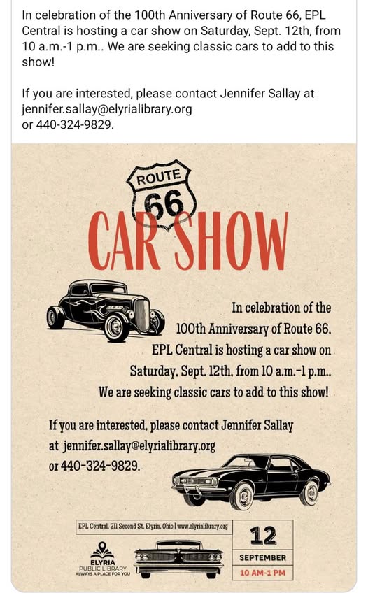 Route 66 Car Show event at EPL Central in Elyria, OH on September 12, 2026