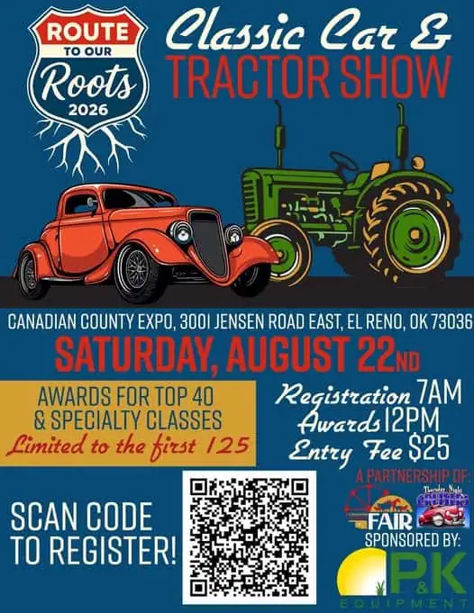 Route to Our Roots 2026 Classic Car & Tractor Show event at Canadian County Expo in El Reno, OK on August 22, 2026