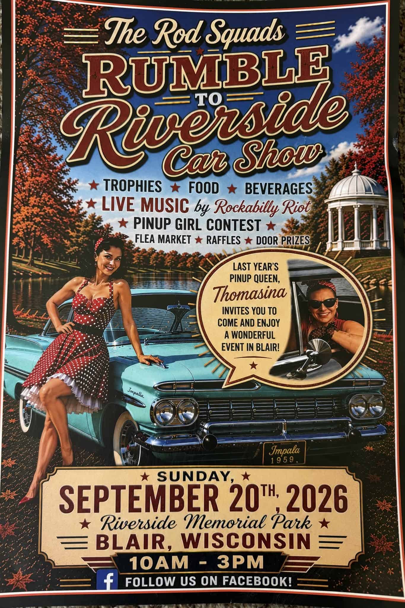 Rumble to Riverside Car Show event at Riverside Memorial Park in Blair, WI on September 20, 2026