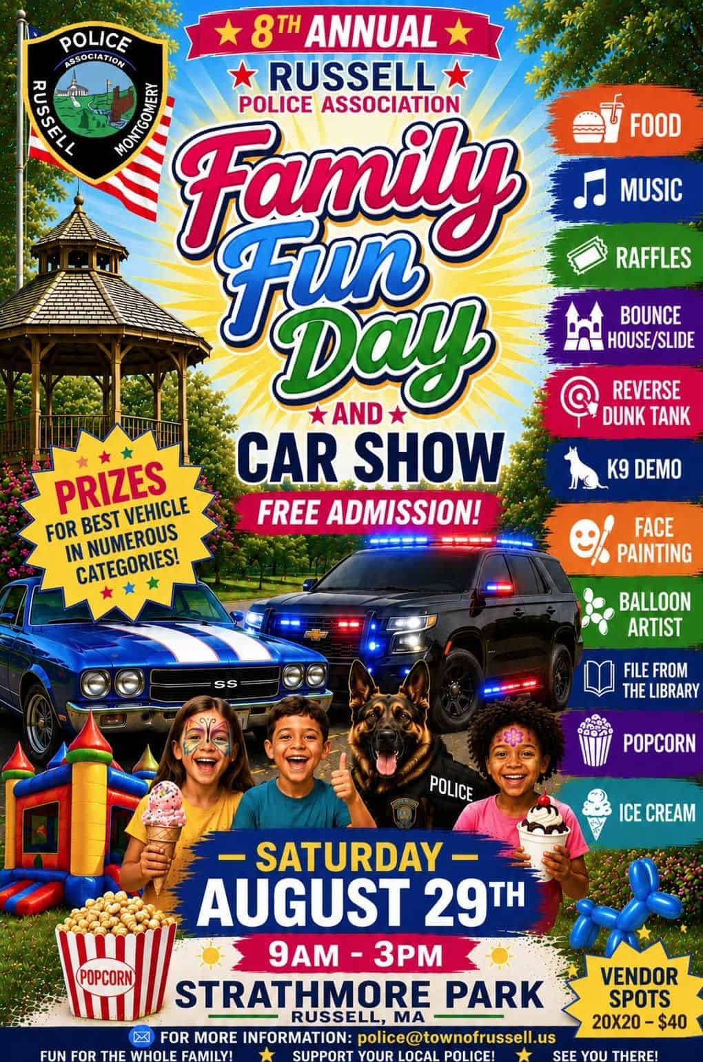 Russell Police Association 8th Annual Family Fun Day and Car Show event at Strathmore Park in Russell, MA on August 29, 2026