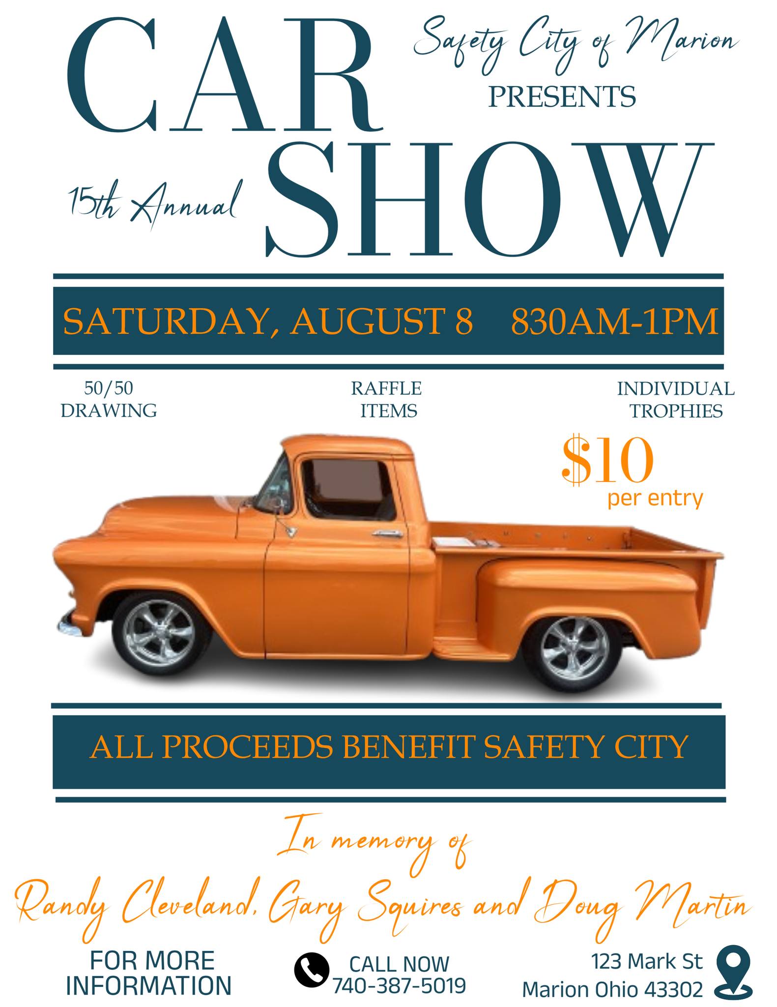 Safety City of Marion 15th Annual Car Show event at Safety City of Marion in Marion, OH on August 8, 2026
