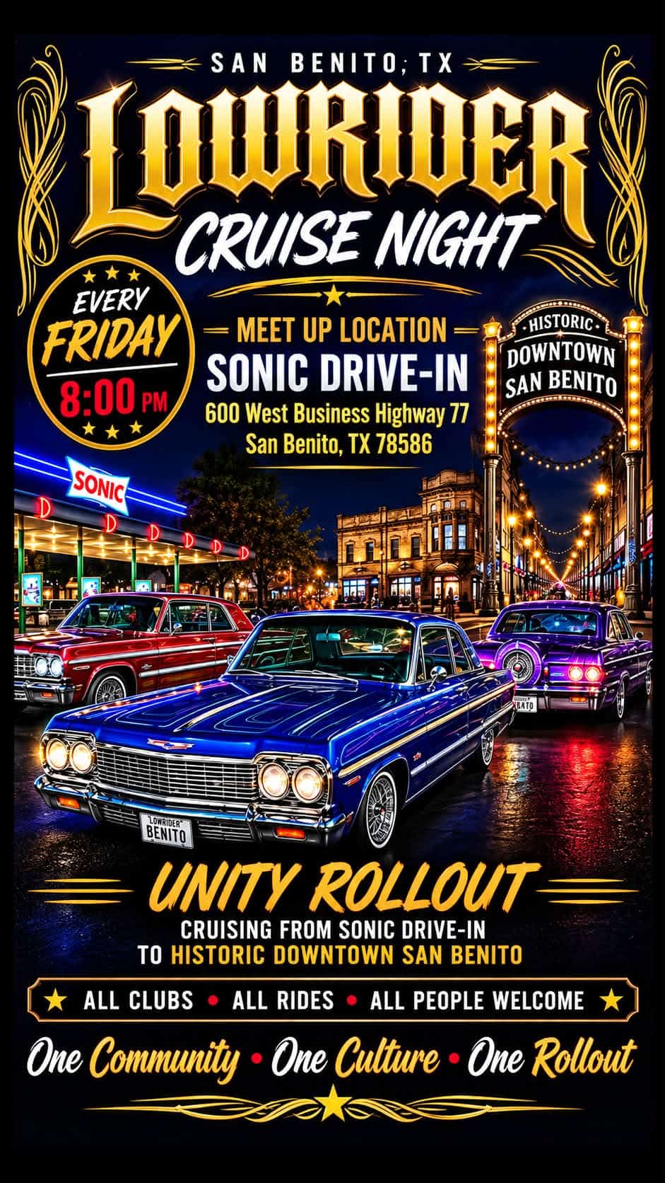 San Benito TX Lowrider Cruise Night event at Sonic Drive-In in San Benito, TX on August 7, 2026