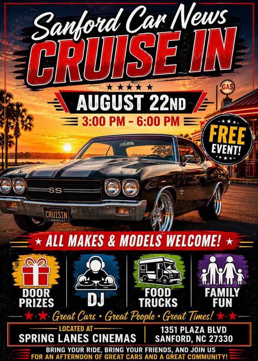 Sanford Car News Cruise in event at Spring Lanes Cinemas in Sanford, NC on August 22, 2026