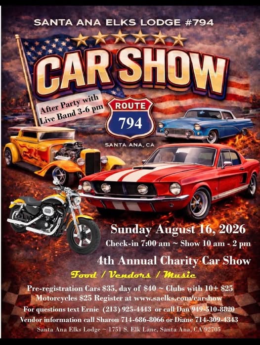 Santa Ana Elks Lodge Car Show event at Santa Ana Elks Lodge #794 in Santa Ana, CA on August 16, 2026
