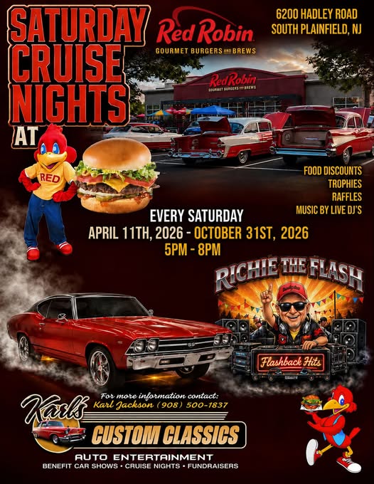 Saturday Cruise Nights at Red Robin event at Red Robin Gourmet Burgers and Brews in South Plainfield, NJ on August 23, 2026