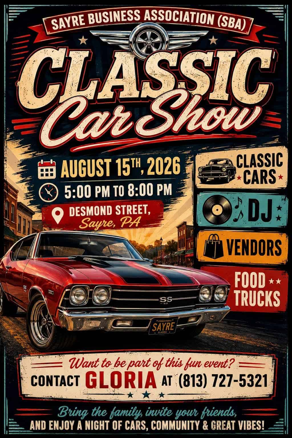 Sayre Business Association Classic Car Show event at Desmond Street in Sayre, PA on August 15, 2026