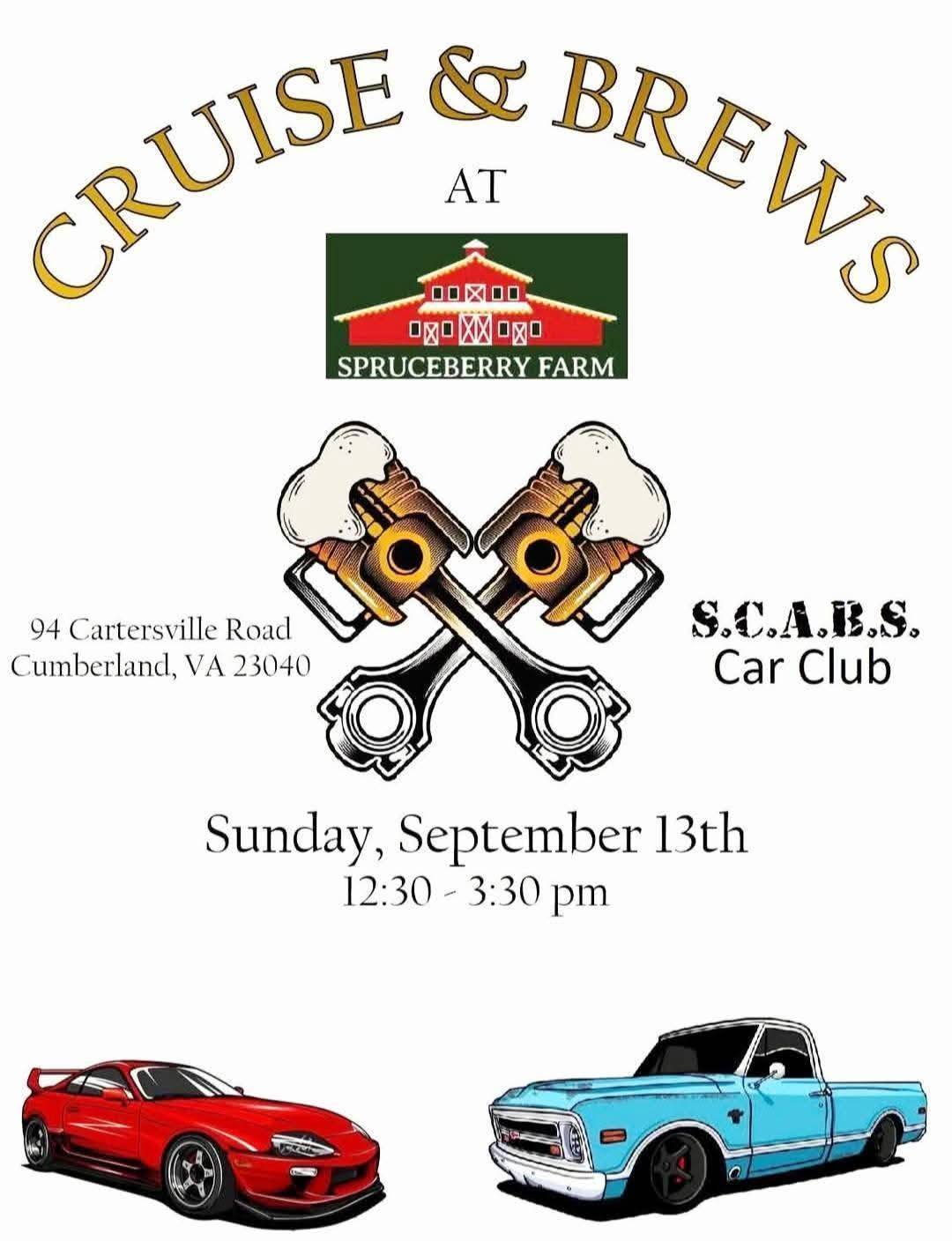 S.C.A.B.S. Car Club Cruise & Brews event at 94 Cartersville Road in Cumberland, VA on September 13, 2026