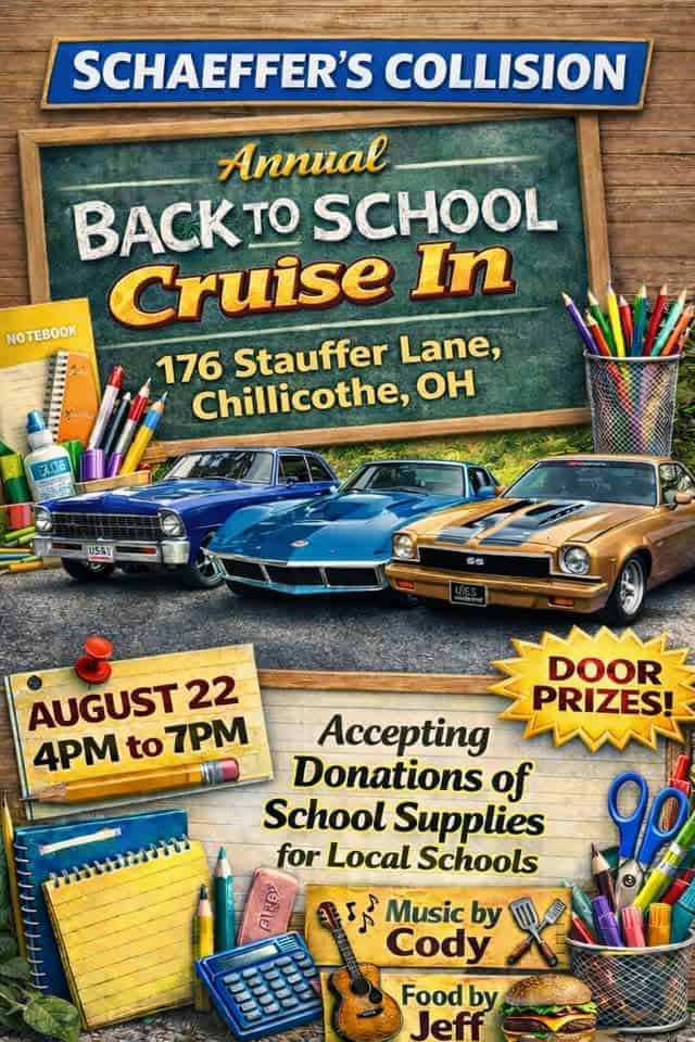 Schaeffer's Collision Annual Back to School Cruise in event at Schaeffer's Collision in Chillicothe, OH on August 22, 2026