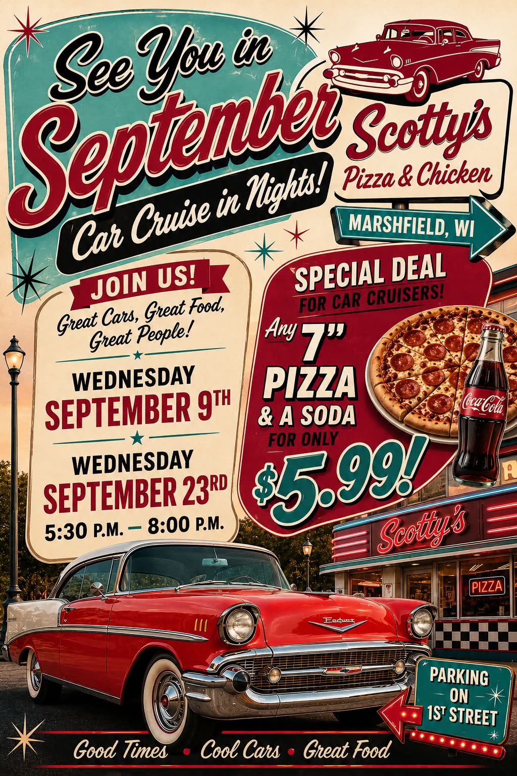 Scotty's Pizza & Chicken Car Cruise in Nights event at Scotty's Pizza & Chicken in Marshfield, WI on September 9, 2026