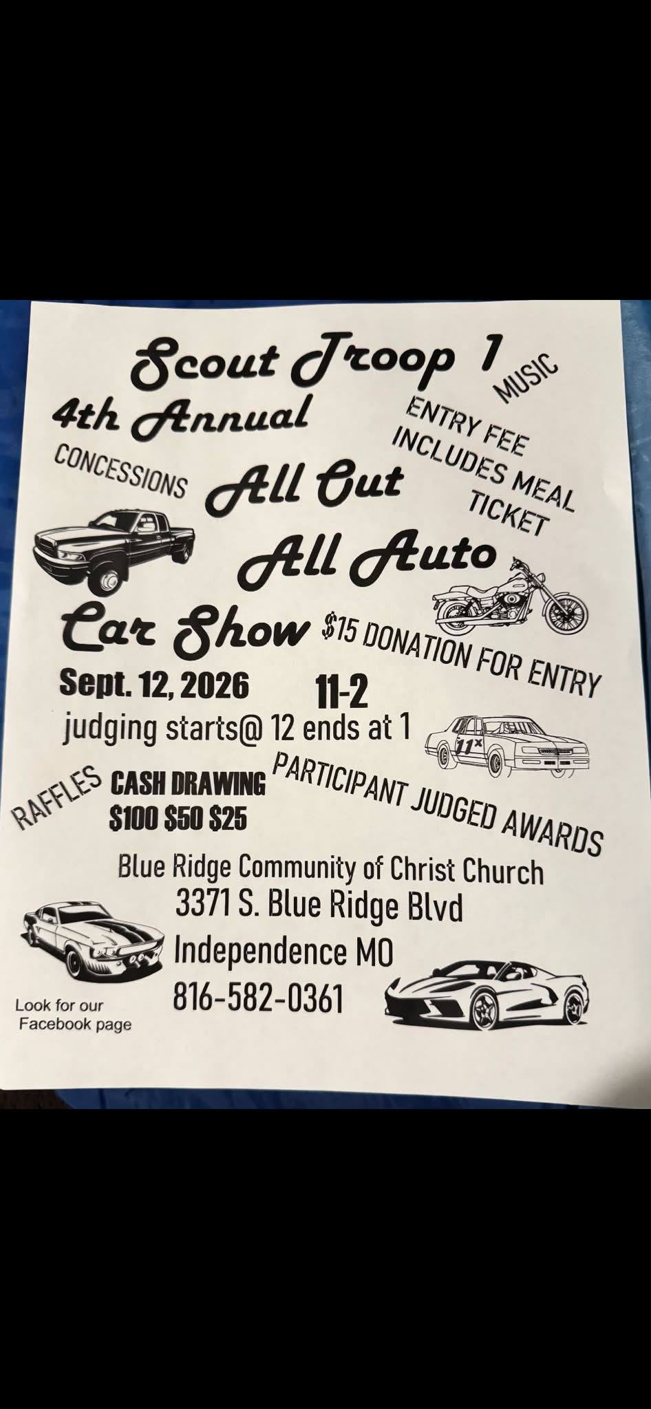 Scout Troop 1 4th Annual All Out All Auto Car Show event at Blue Ridge Community of Christ Church in Independence, MO on September 12, 2026